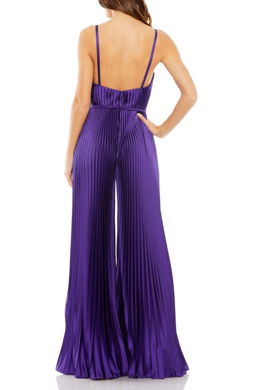 Mac Duggal Pleated Plunge Neck Wide Leg Jumpsuit In Purple