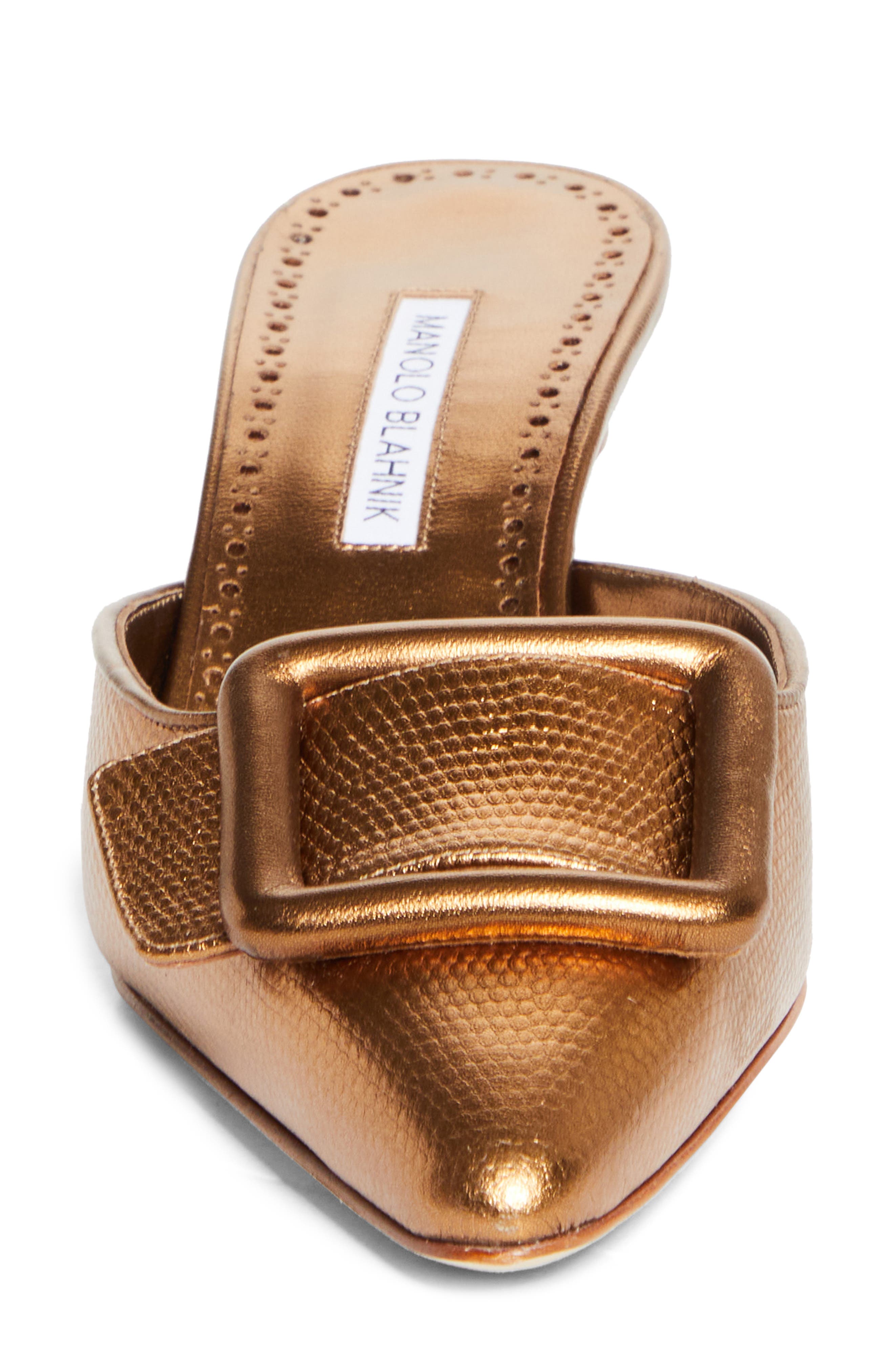 Manolo Blahnik Maysale Buckle Lizard Embossed Metallic Pointed Toe Kitten Heel Mule, Alternate, color, Bronze