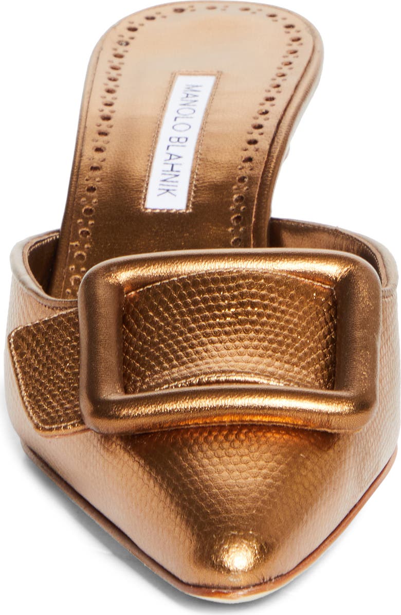 Manolo Blahnik Maysale Buckle Lizard Embossed Metallic Pointed Toe Kitten Heel Mule, Alternate, color, Bronze