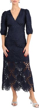 Adelyn Rae Kinsley Puff Sleeve Lace Midi Dress