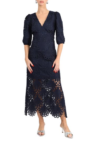 Adelyn Rae Kinsley Puff Sleeve Lace Midi Dress In Blue