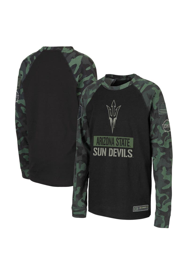 Youth Colosseum Black/Camo Arizona State Sun Devils OHT Military Appreciation Raglan Long Sleeve T-Shirt, Main, color, Black