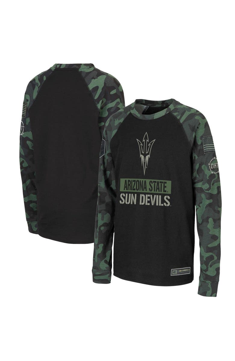COLOSSEUM Youth Colosseum Black/Camo Arizona State Sun Devils OHT Military Appreciation Raglan Long Sleeve T-Shirt, Main, color, Black
