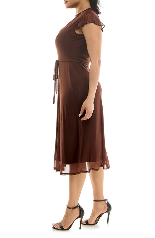 Nina Leonard Smocked Flutter Sleeve Mesh Dress In Brown