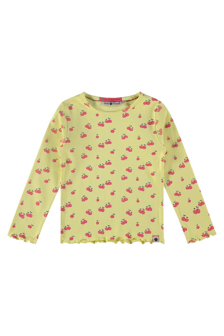 Allover Cherry Print Ribbed Long Sleeve Top, Main, color, Yellow