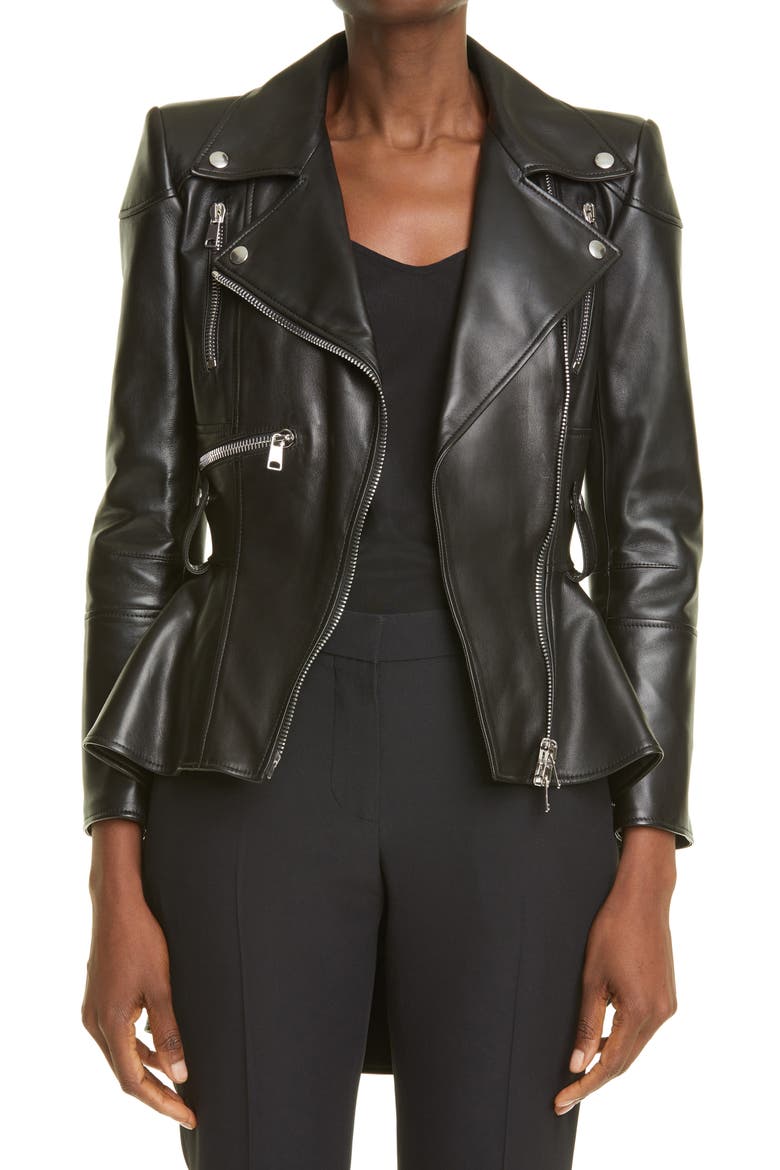 Alexander McQueen Peplum Leather Moto Jacket, Main, color, BLACK