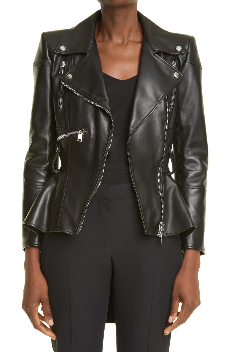 McQueen Alexander McQueen Peplum Leather Moto Jacket, Main, color, 