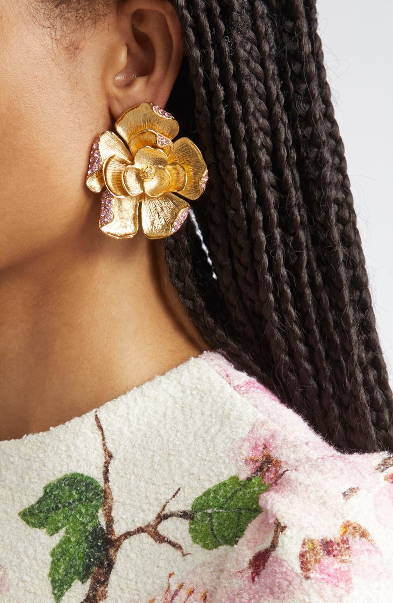 Oscar de la Renta Large Rose Clip-On Earrings, Alternate, color, Rose