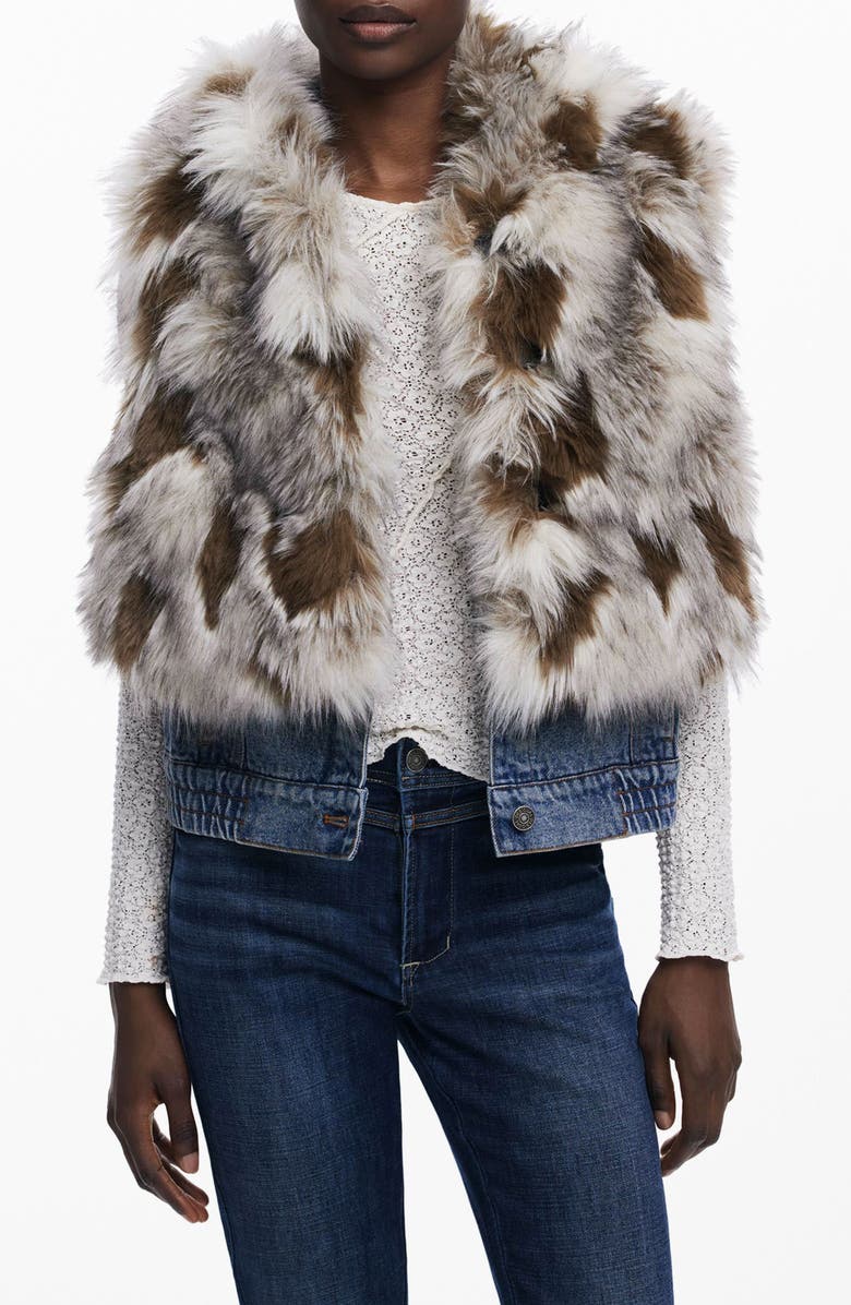 Desigual Faux Fur Denim Hooded Vest, Main, color, Beige