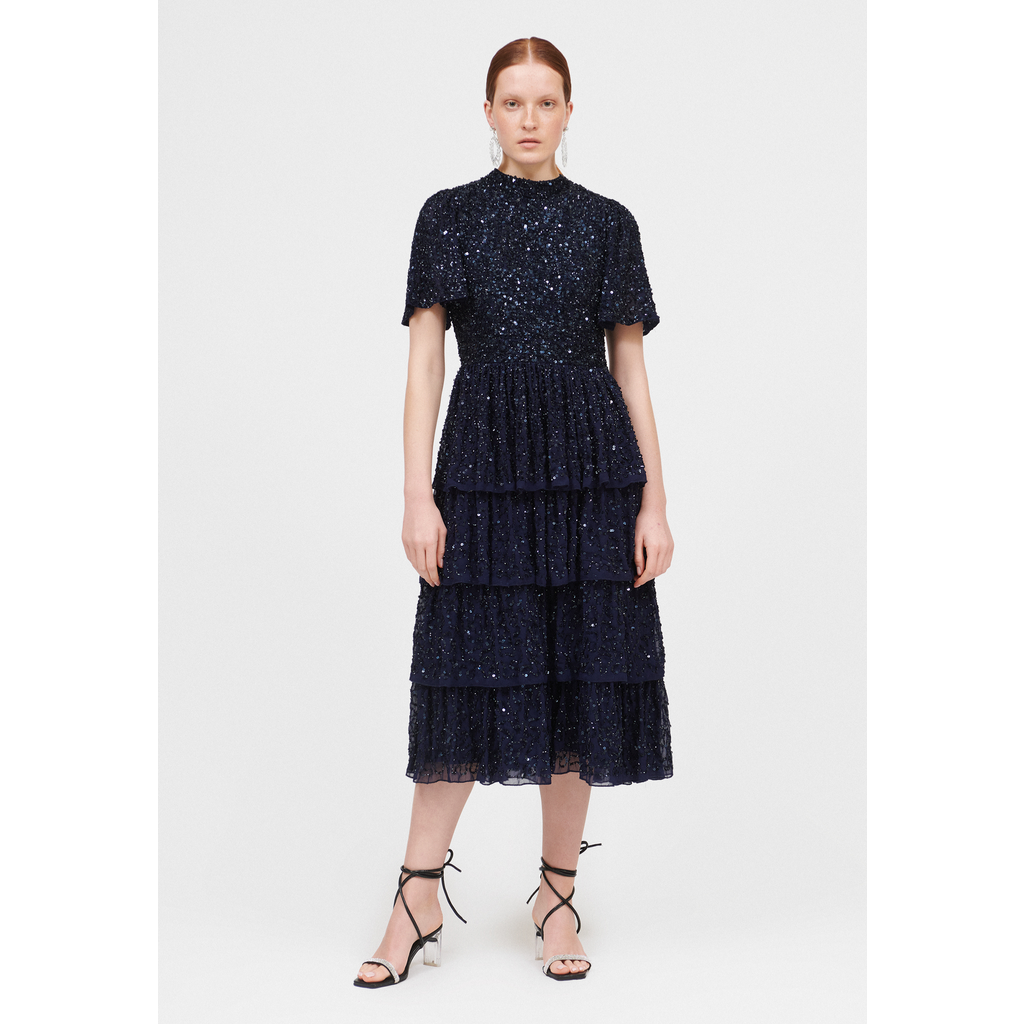 Beauut Embellished Sequin Beaded Midi Dress In Mid Night Blue