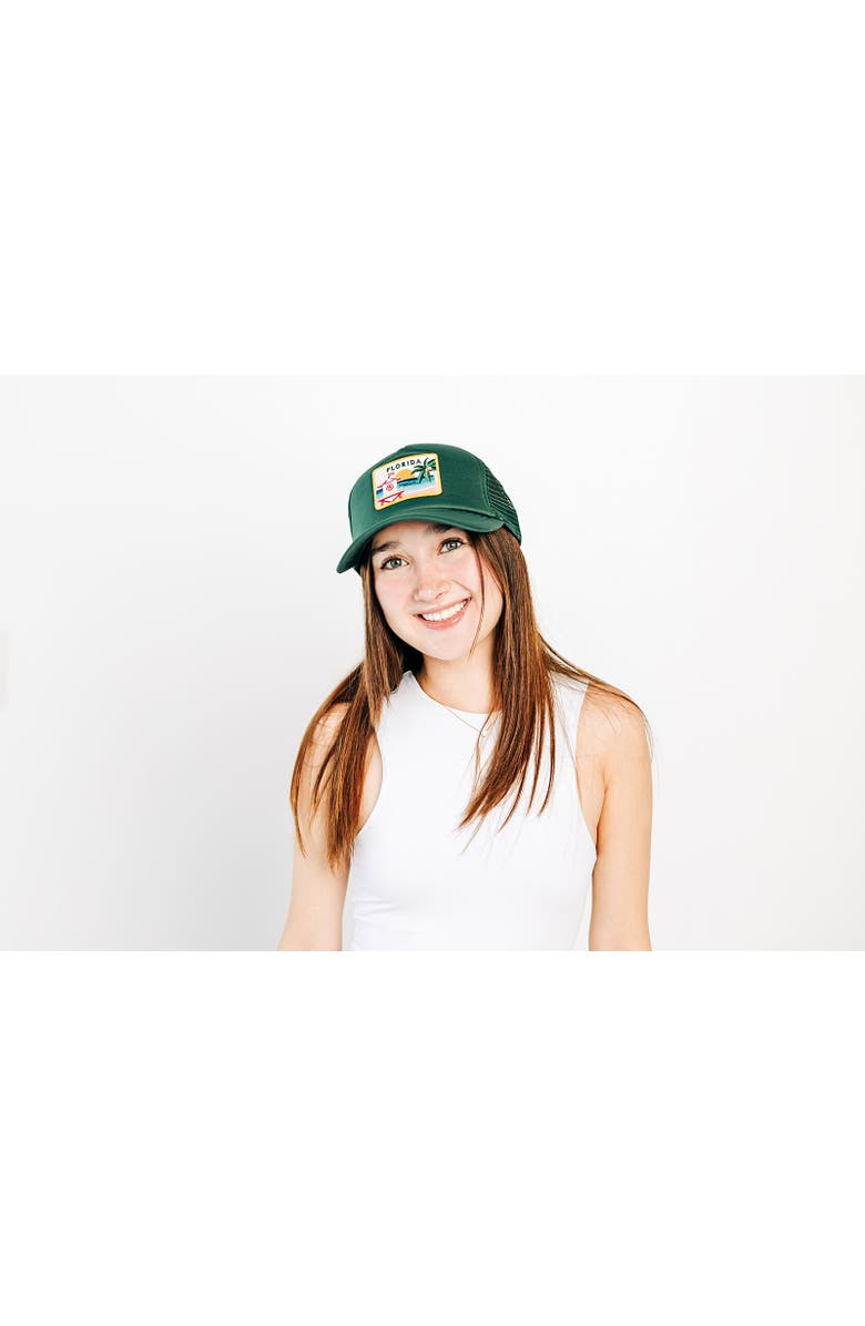 Rey To Z Florida Postcard Trucker Hat, Alternate, color, Dark Green