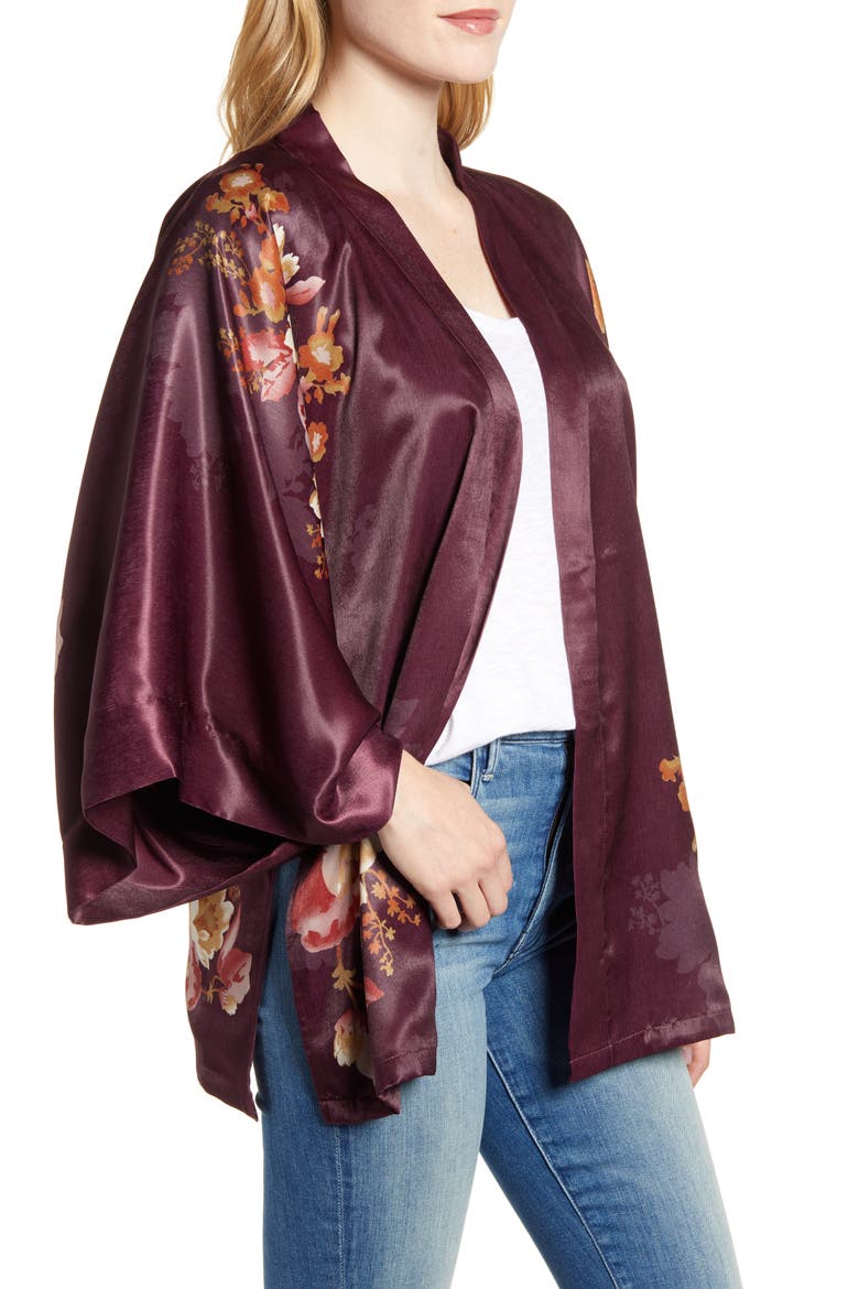 Floral Satin Open Jacket, Alternate, color, BURGUNDY MINTHE KIMONO