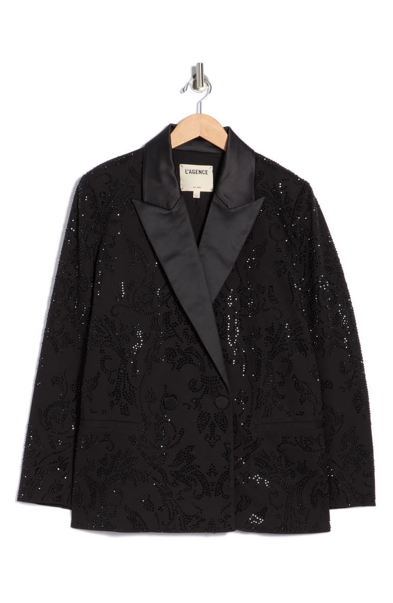 L'AGENCE Jericho Crystal Embellished Double Breasted Blazer, Alternate, color, Black Crystal