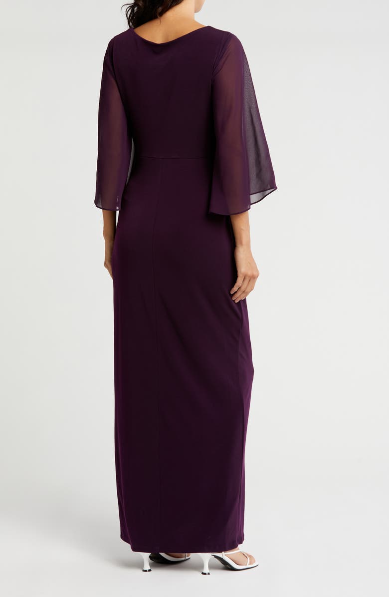 Connected Apparel Chiffon Cape Sleeve Side Ruched Gown, Alternate, color, Aubergine
