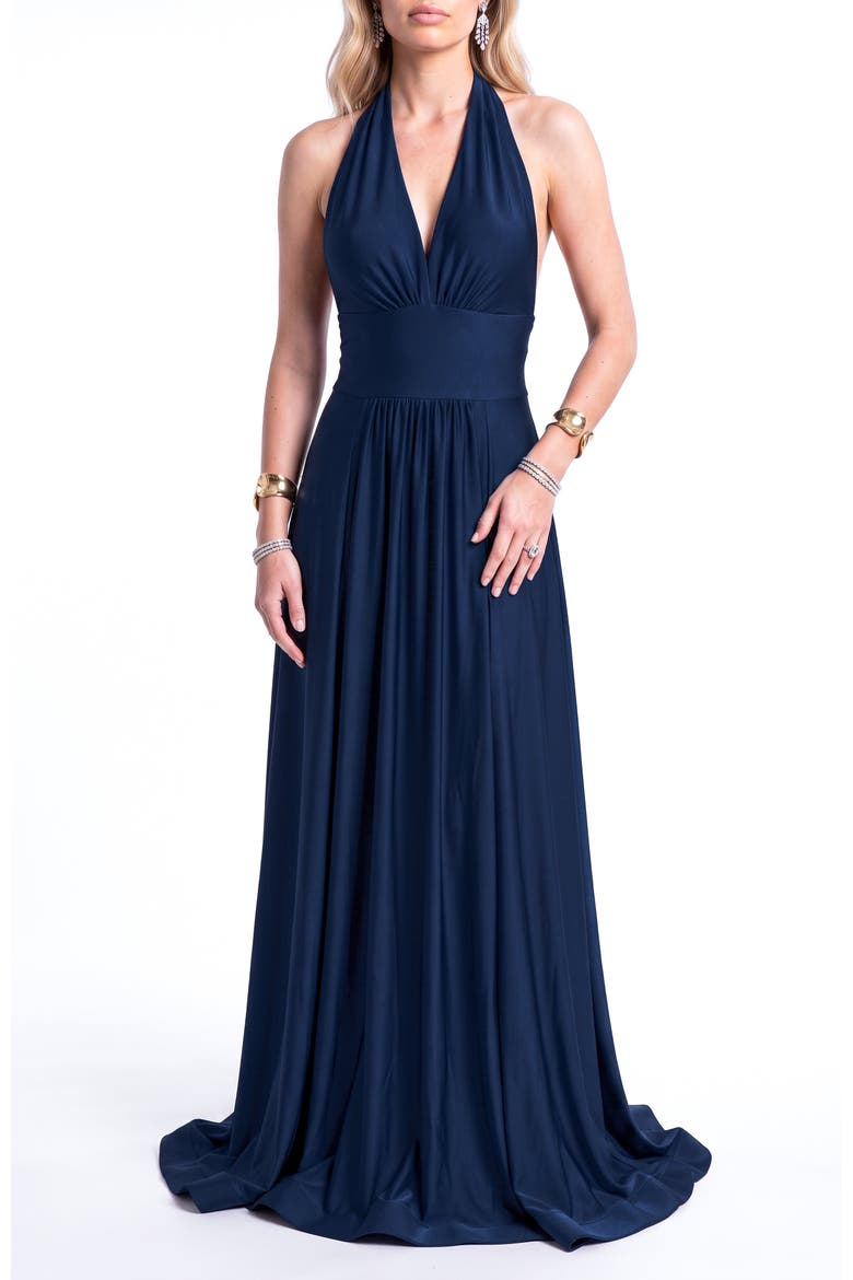 Halter Tie-Back A-Line Evening Gown, Alternate, color, Navy