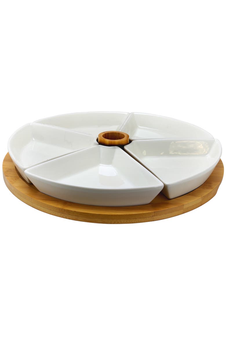 7 Piece Appetizer Serving Set with 5 Serving Dishes, Center Tooth Pick Holder and Wood Serving Tray, Alternate, color, White