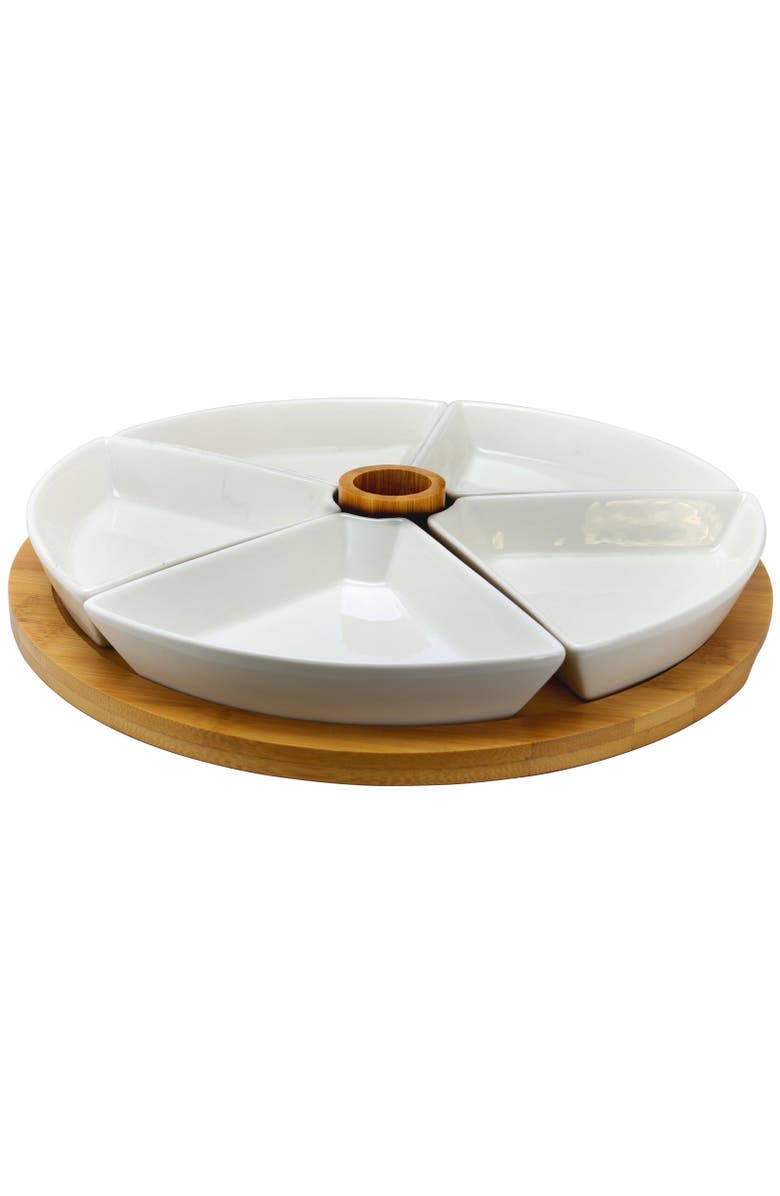 Elama 7 Piece Appetizer Serving Set with 5 Serving Dishes, Center Tooth Pick Holder and Wood Serving Tray, Alternate, color, White