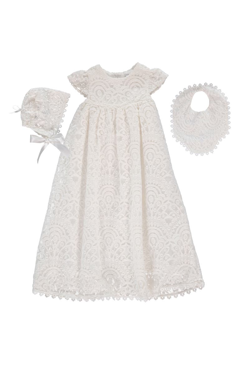 4-Piece All Lace Christening Set with Bonnet & Bib, Main, color, OFF WHITE