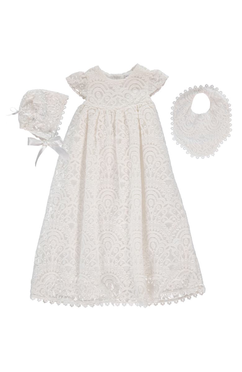 Carriage Boutique 4-Piece All Lace Christening Set with Bonnet & Bib, Main, color, Off White
