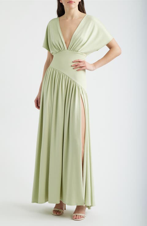 Plunge Neck Side Slit Gown