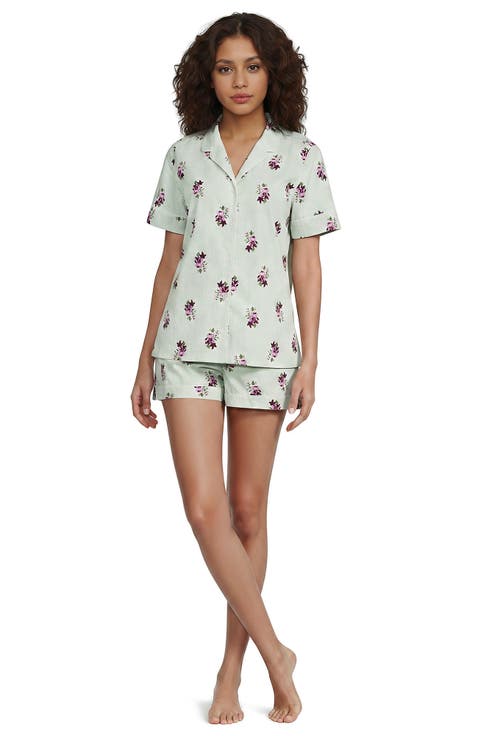 Cotton Poplin 2 Piece Pajama Set - Short Sleeve Top and Shorts
