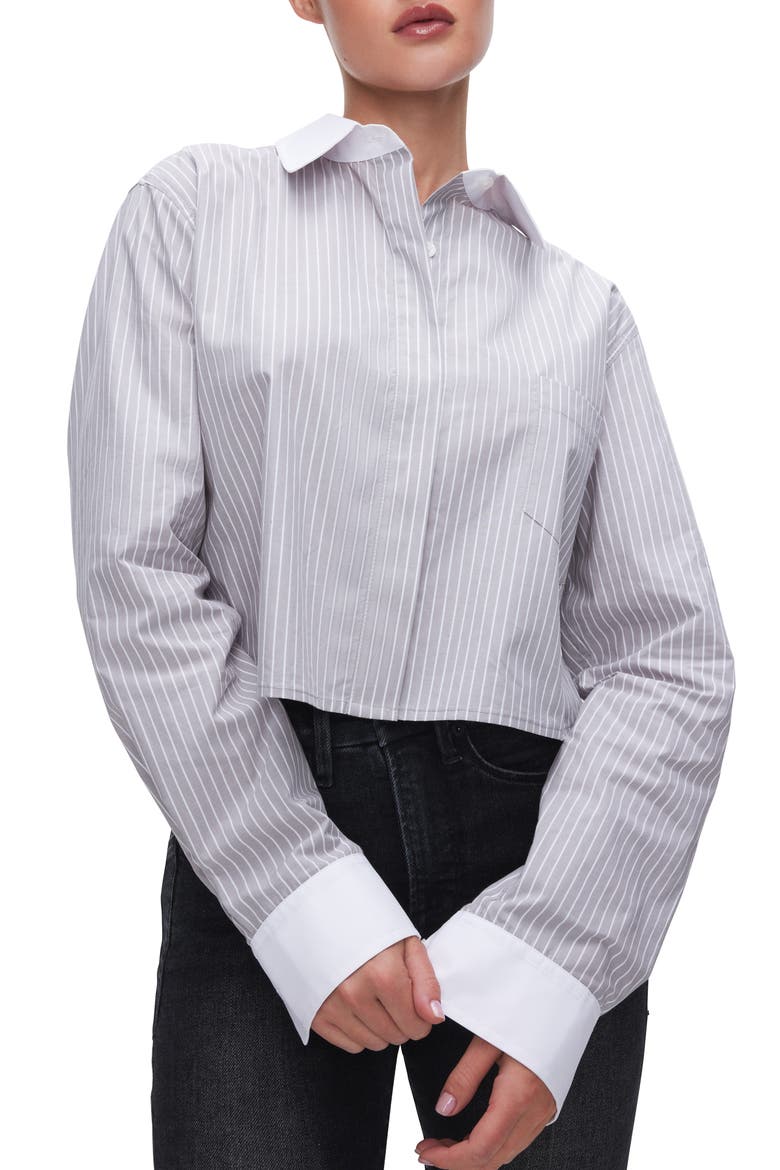 Stripe Crop Button-Up Shirt, Main, color, GREY STRIPE005