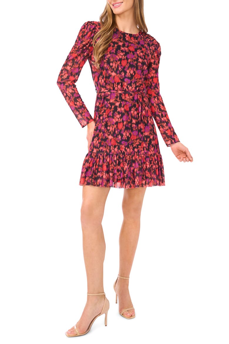 Blurred Floral Long Sleeve Minidress, Main, color, RICH BLACK/ PINK MULTI