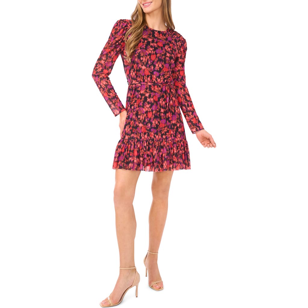 Cece Blurred Floral Long Sleeve Minidress In Multi