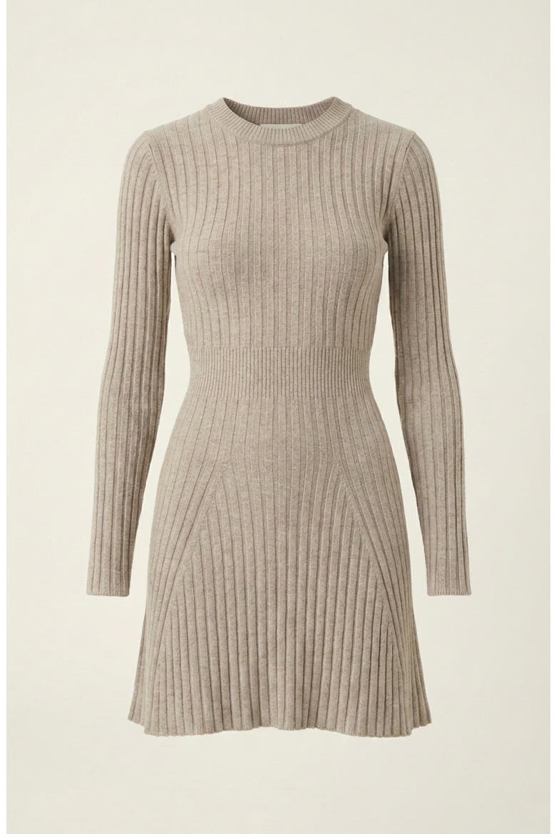 Ribbed Knit Sweater Dress with Long Sleeves and Flared Hem Silhouette, Alternate, color, Beige / Taupe