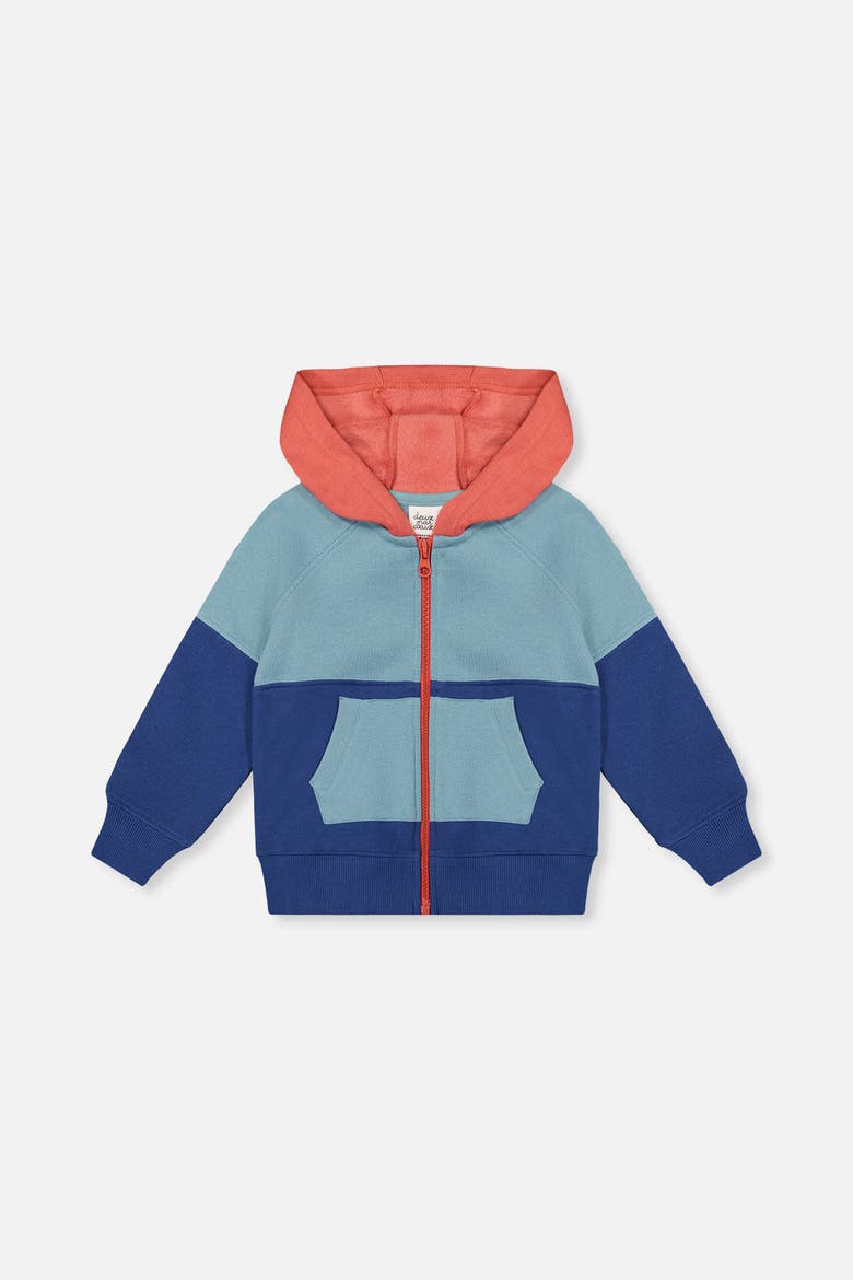 Full Zip Hooded Colorblock Front Pocket Fleece Jacket, Main, color, Blue, Turquoise and Orange