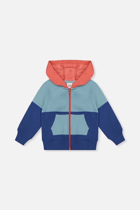 Full Zip Hooded Colorblock Front Pocket Fleece Jacket