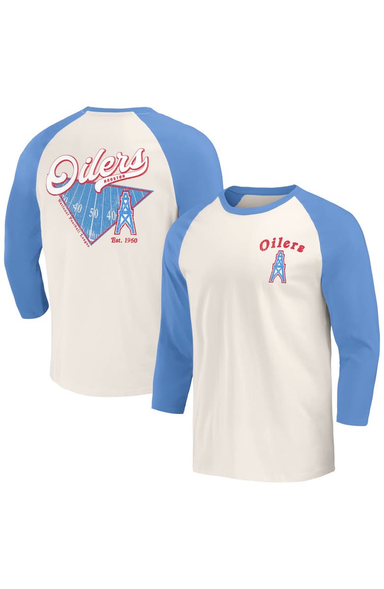 Darius Rucker Collection by Fanatics Men's Darius Rucker Collection by Fanatics Light Blue/White Houston Oilers Gridiron Classics Raglan 3/4 Sleeve T-Shirt, Main, color,