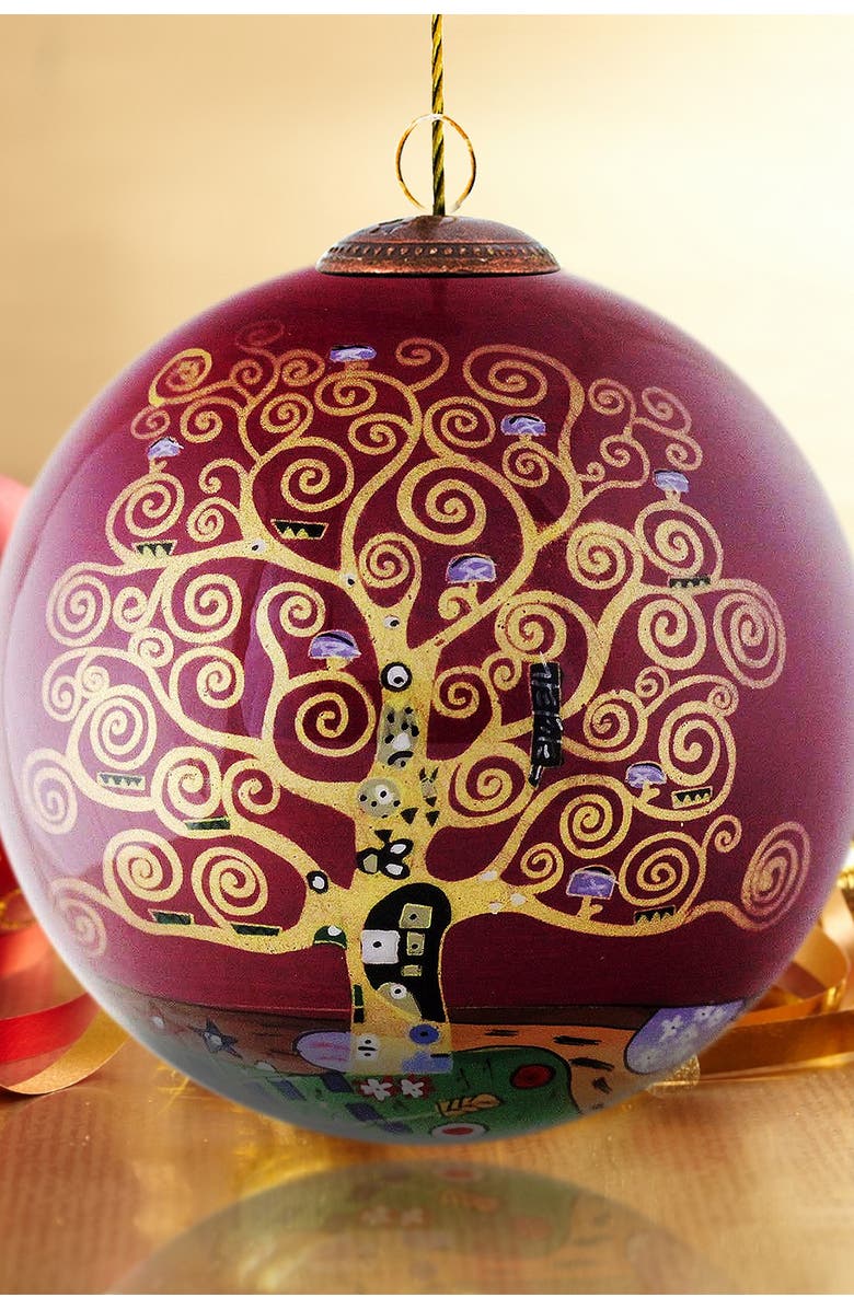 OVERSTOCK ART "Tree of Life (Burgundy)" Gustav Klimt Hand Painted Glass Ornament Collection - Set of 4, Main, color, 