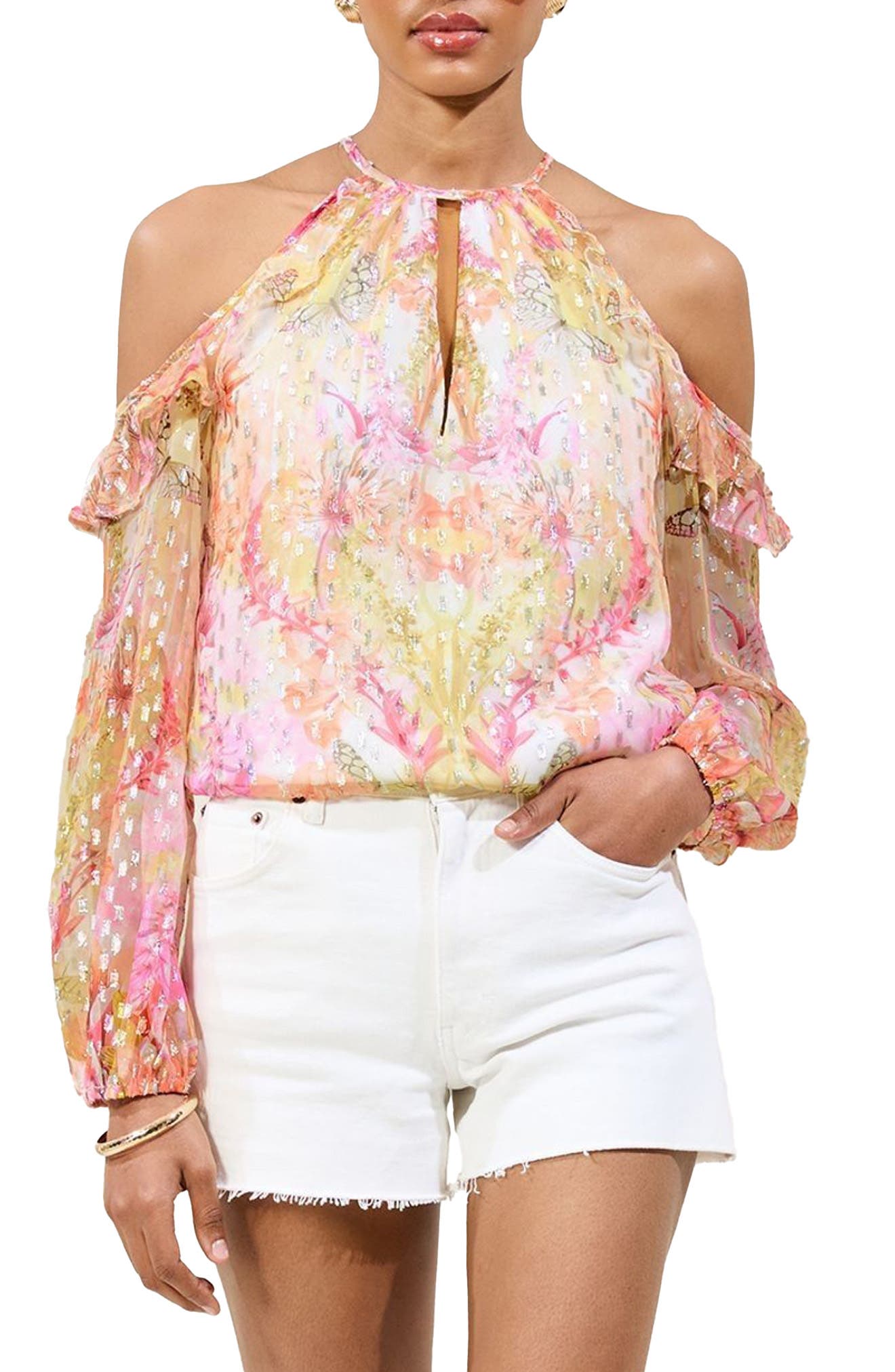 Metallic Ruffle Clip-Dot Chiffon Top