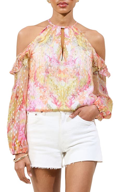 Metallic Ruffle Clip-Dot Chiffon Top