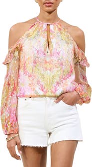 Lipsy Metallic Ruffle Clip-Dot Chiffon Top
