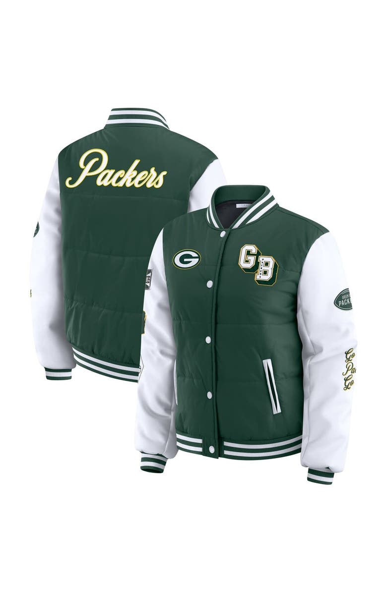 WEAR by Erin Andrews Women's WEAR by Erin Andrews Green Green Bay Packers Varsity Full-Snap Puffer Jacket, Main, color, Green