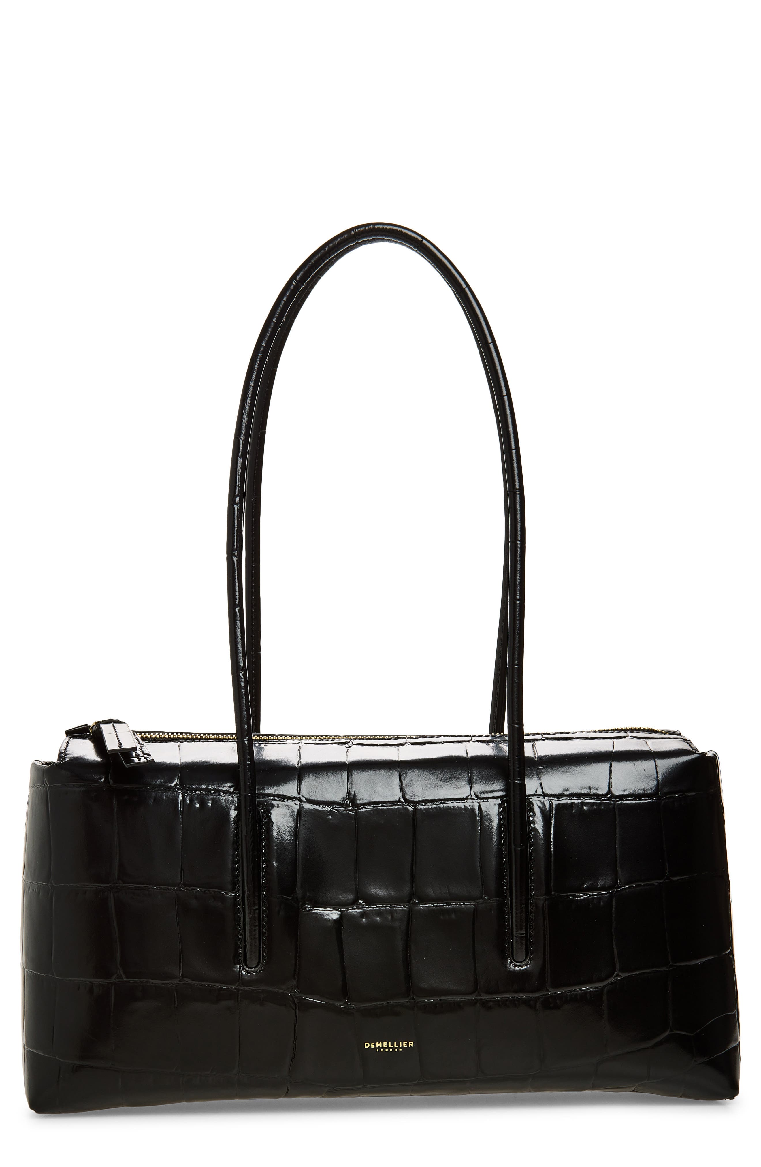 The Stockholm Croc Embossed Leather Shoulder Bag, Main, color, BLACK