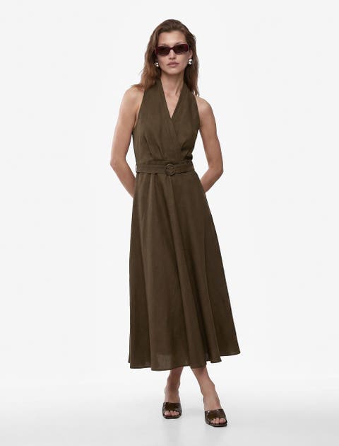 Back Detail Halter Neck Belted Midi Linen Dress