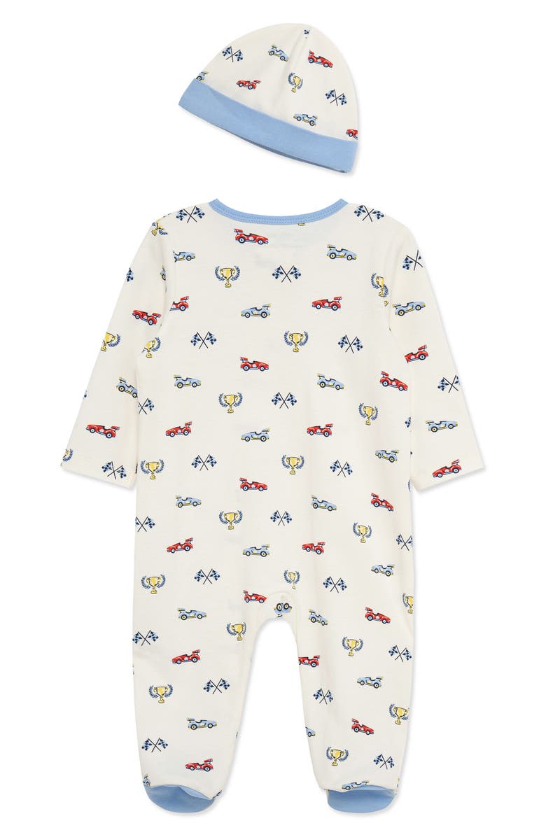 Little Me Racing Cotton Footie & Hat Set, Alternate, color, White/ Blue