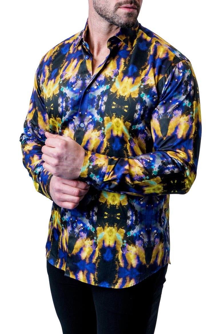 Fibonacci Tie Dye Trip Button-Up Shirt, Alternate, color, BLUE