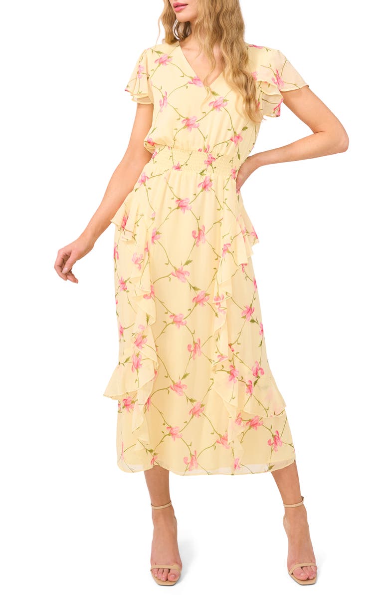 CeCe Floral Flutter Sleeve Smock Waist Midi Dress, Main, color, 
