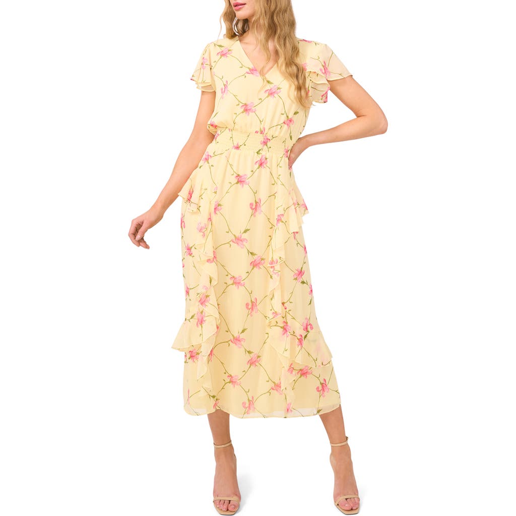 Cece Floral Flutter Sleeve Smock Waist Midi Dress In Lemon Drop