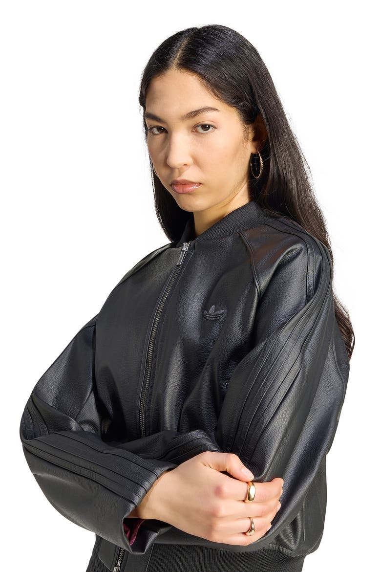 SST Faux Leather Track Jacket, Alternate, color, BLACK/ MAROON