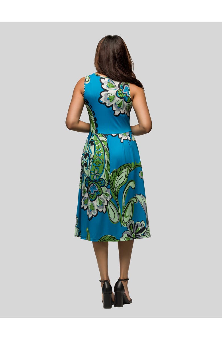 24seven Comfort Apparel Midi Length Teal Paisley Print Sleeveless Pleated Pocket Dress, Alternate, color, Blue Multi