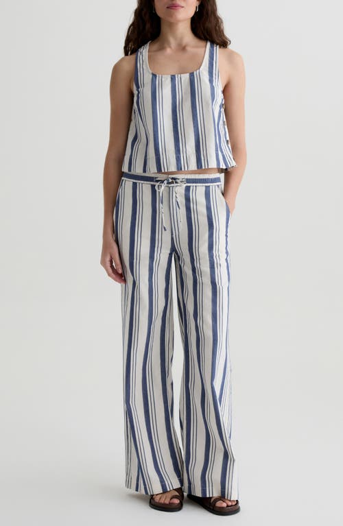 Ag Carolyn Stripe Wide Leg Cotton & Linen Drawstring Pants In Blue