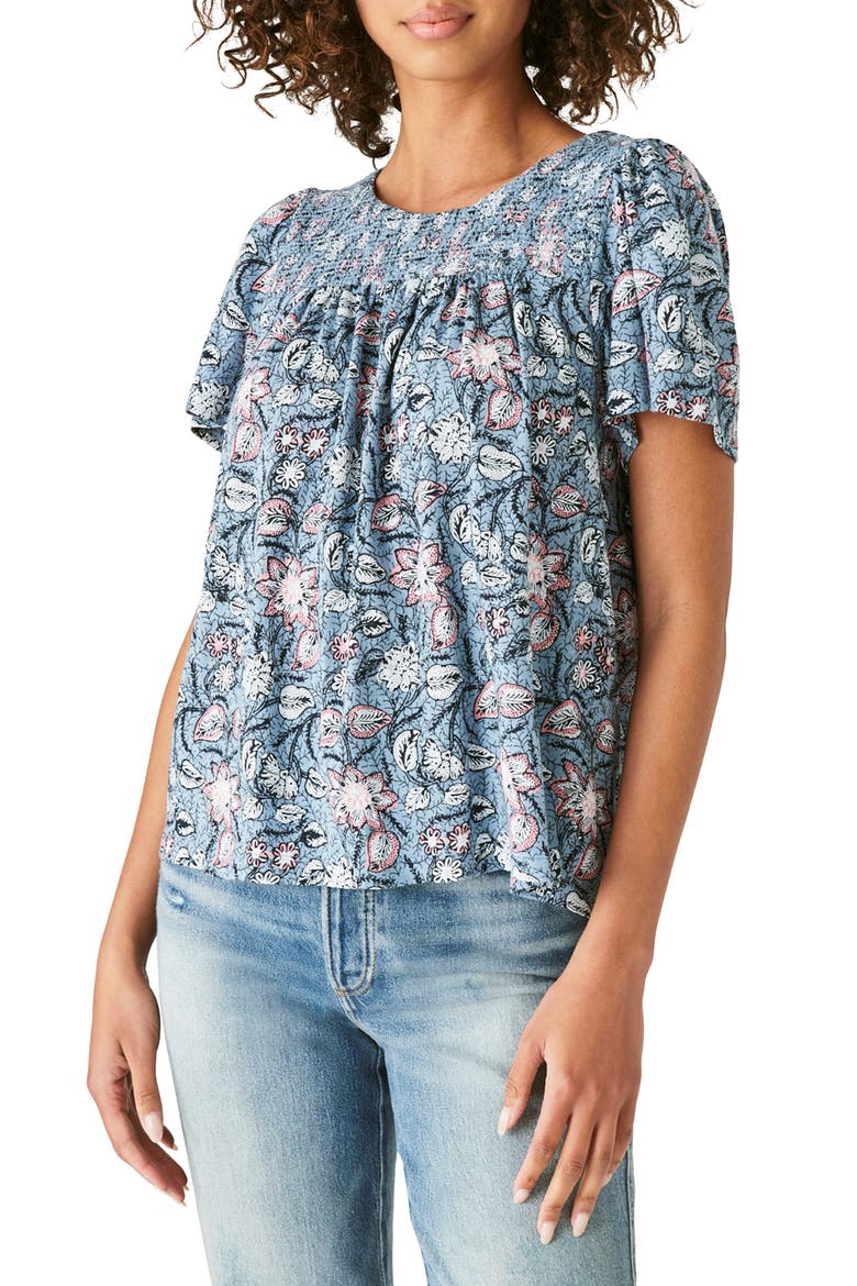 Floral Short Sleeve Gathered Top, Main, color, BLUE MULTI