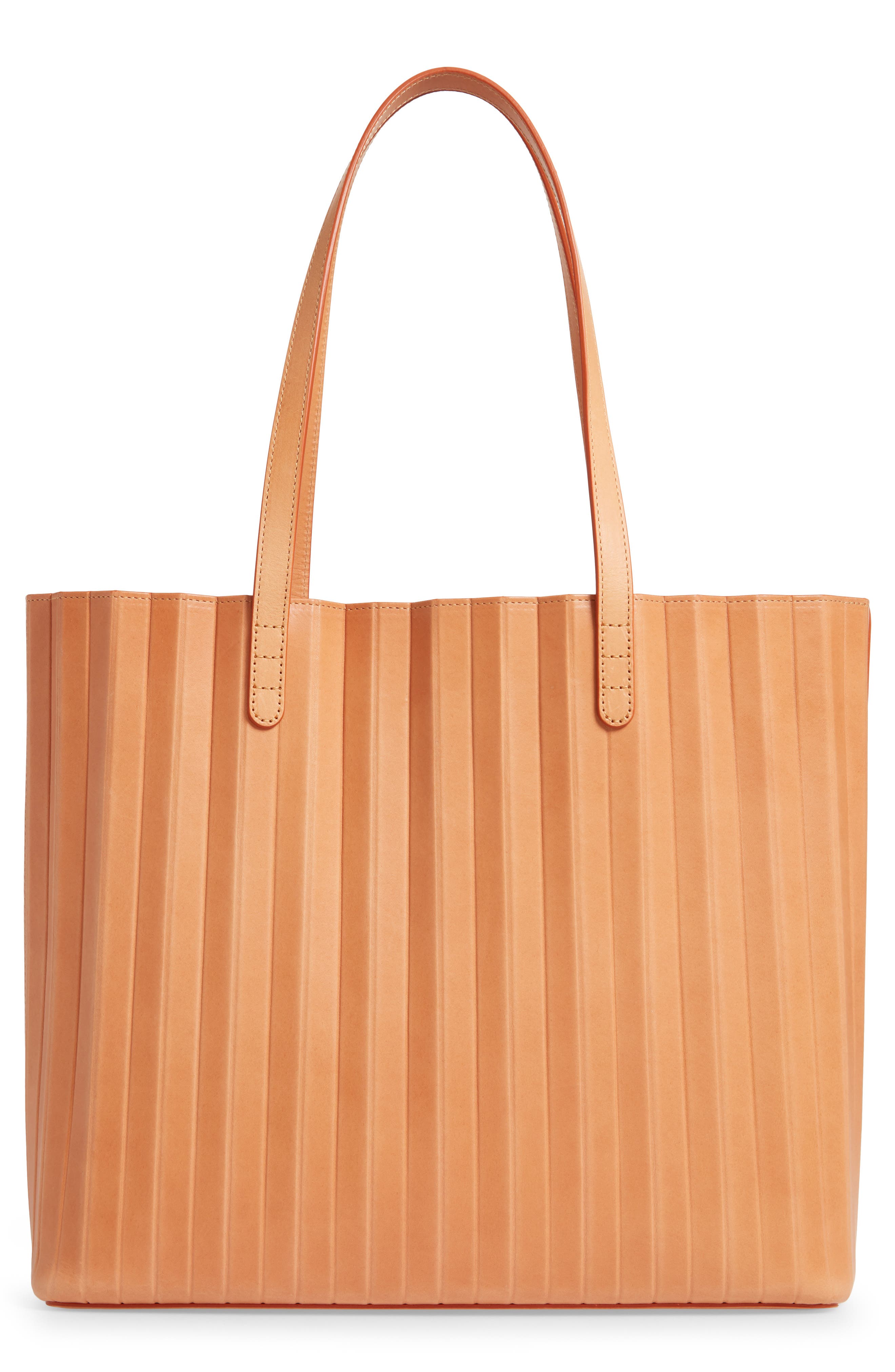 Pleated Leather Tote, Main, color, CAMELLO/ ROSA