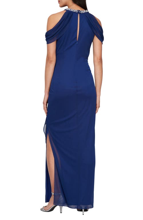 Alex Evenings Beaded Neck Cold Shoulder Mesh Sheath Gown In Electric/blue