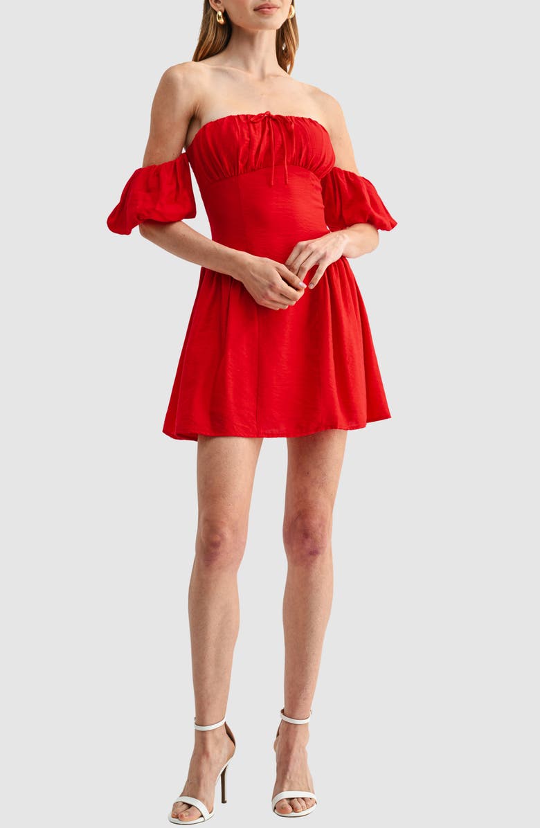 All in Favor Shirred Off the Shoulder Dress, Main, color, Red